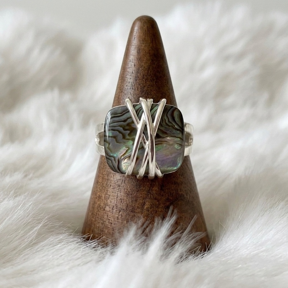 Silver Plated Abalone Statement Ring Size 9 Green Shell